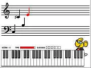 Screenshot of Music Match free online game showing a virtual piano keyboard and musical notes appearing on a staff.