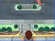 Beavis & Butthead Hock-A-Loogie online game featuring Beavis and Butt-head on a school roof aiming loogies at a passerby below.