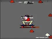 Skating Dash game screen showing a character named Rupet on a skateboard dodging absurd, gross obstacles on a street, free action game online
