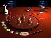 Online game screen for Where is the Ball?, showing three cups on a table after a rapid shuffle, challenging the player to find the hidden ball.