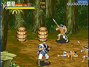 Screenshot of Dynasty Warrior Classic game, showing a pixelated warrior fighting multiple enemies on an old-school arcade screen