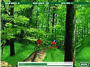 Gameplay screenshot of the Mountain Bike game, showing a character riding a bike over a steep, rocky hill on a mountain trail.