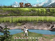 Screenshot of the game Yeti Sports Part 10 - The End, showing a crosshair targeting various animals like penguins and buffalo to score points.