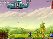 Heli Attack 2 free online game screenshot - elite soldier shooting a powerful plasma weapon at multiple incoming enemy helicopters in a retro style.