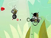 Hive Hero free online game screenshot, insect hero character flying with a sub machine gun, shooting enemy soldiers in the sky.