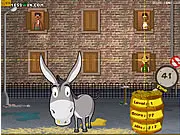 Screenshot of Dungfoo Donkey online game showing the donkey preparing to launch a humorous attack on angry villagers.