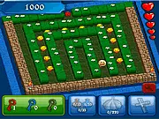 The character Pac-Man running through a 3D maze inside Dracula's Castle, being chased by colored ghosts in this free online arcade game.