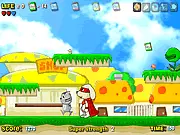 Playing Super Doggy free online game, a pixelated dog hero jumping on cats and using a punching power-up