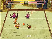Beaned free online game, player throwing dodgeball at alien invaders, protect the camp action game