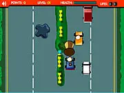 Dog Police Chase Online game screenshot showing a police car driving fast on a road chasing a van to stop the Dog Catcher