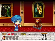Sue: Choco Museum free online game screenshot, point-and-click puzzle game featuring character Sue in a museum finding chocolate bags.