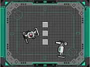 Screenshot of Robodome online game showing a player character fighting off multiple fast-moving enemy robots in a futuristic fighting arena