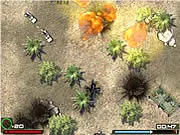 Screenshot of Heli Strike free online game showing a military helicopter flying over a map filled with enemy bases and vehicles, with explosions visible from missile fire