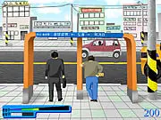 Screenshot of Hide the Fart game showing a character holding in gas next to a road with cars driving past.