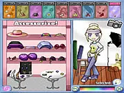 Screenshot of the My Sweet Photo Shoot online dress-up game interface showing a model being styled with various shirts, skirts, and accessories
