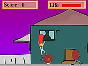Gameplay image from Gimme Candy showing a large, disgruntled character fighting several smaller, costumed trick-or-treating children, with candy falling onto a dark street.