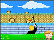 Kon's Big Trouble game screenshot with a character whipping bears that pop up from behind a wall. Play free online arcade game.