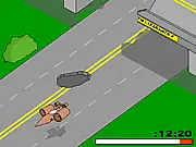 PMG Racing game screenshot, fast driving car avoiding tree trunks and cracks in the road, free online arcade game