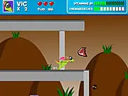 Screenshot of Small Dragon Adventure free online game showing the little dragon character floating among clouds and trying to avoid a spiky obstacle while collecting a piece of fruit