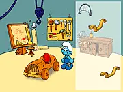 Smurfs Handy Car assembly online game screenshot, featuring Handy Smurf and vehicle parts.