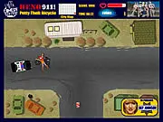Petty Theft Bicycle free online game screenshot, player riding a stolen bike and being chased by police cars.