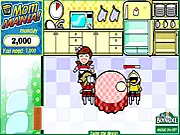Mom Mania game screen showing a busy kitchen counter with ingredients for Mac and Cheese and several hungry kids waiting for food