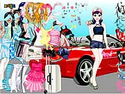 Ferrari Dress Up game screenshot, styling a girl in a fashionable outfit next to a red Ferrari sports car, free online fashion game