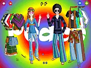 Screenshot of the Hippie Couple Dress Up game showing a male and female character surrounded by bohemian-style clothes like tie-dye, bell-bottoms, and flower crowns. Play free online.
