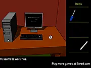 Screenshot of the Sniper Escape game interface showing a mysterious room with scattered objects, indicating a hidden object or puzzle-solving challenge. Play free online puzzle game.