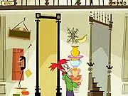 Screenshot from Simply Smashing game showing Frankie and Duchess with various household items stacked precariously
