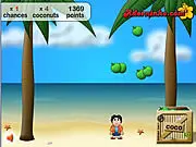 Screenshot of the free online Jogo Do Coco Coconut Game showing a tropical background, a falling green coconut, and a wooden collection box.