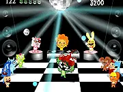 Screenshot of Happy Tree Friends - Crazy Disco showing the character Lifty dodging large falling disco balls in a neon-lit nightclub. Free avoidance arcade game online.