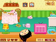 Kitties Cookies free online game screenshot showing a cartoon cat grabbing a cookie while avoiding an angry kid on a kitchen table.