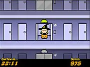 Screenshot of Trick or Suite showing a character knocking on an apartment door in a Halloween-themed hallway, with a timer running. Free candy collection game online.