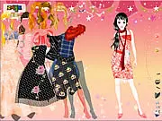Screenshot of Funky Dresses Dress Up online game with a model trying on a colorful outfit