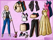 Anime girl and her small dog wearing matching fashionable outfits in the Anime Girl and Dog Dress Up free online game.
