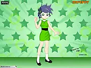Powerpuff Girl Buttercup Dress Up game screen showing various clothes, accessories, and hairstyles. Customize the free online character.