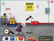 Screenshot of Flying Gonzo physics game showing a cannon, trajectory line, and a swimming pool