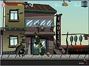 Screenshot of the Evil Minion game showing a minion character running with a sack and avoiding a police officer and angry parent in a city environment. Play the free online action game.
