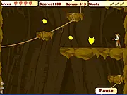 Diamond Den game screenshot, action platformer where an explorer shoots creepy heads and collects gold and diamonds, free online game