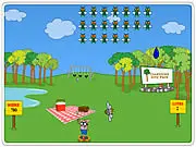 Slingshot Picnic Defender game screenshot, picnic blanket, insects flying toward food, player aiming a slingshot, free online game on PlayArcadeHub