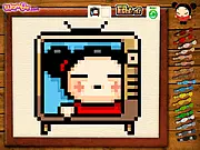 Screenshot of Sew Pucca free game showing a character designing a piece of clothing with a colorful Pucca design and a sewing needle icon.