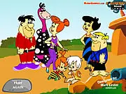 The Flintstones family (Fred, Wilma, and Pebbles) wearing fun, custom-designed Stone Age outfits in the dress-up game