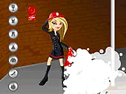 Fancy Fire Women game graphic, showing a female firefighter extinguishing flames