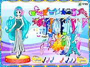 The Zodiac Pisces dress-up game interface, showing the Pisces girl surrounded by blue and green mermaid-style dresses and accessories.
