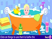 Screenshot of the Baby Bathing online game showing a cute baby in a tub full of bubbles and toys
