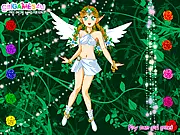 The Forest Fairy dress-up game, showing the fairy Adela standing in a mystical forest with various wings and gowns ready for selection.