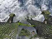 Haluz interactive puzzle game screenshot, showing a hand-drawn scene with objects to click on and characters needing help