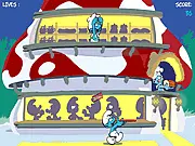 The Smurfs Greedy Bakeries gameplay screenshot showing a Smurf character catching falling food like cakes and donuts. Play this free arcade game online.