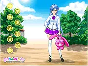 The Anime School Girl Dress Up game screen, featuring an anime character standing in a classroom background, with a selection of skirts, tops, and ties for her school uniform.